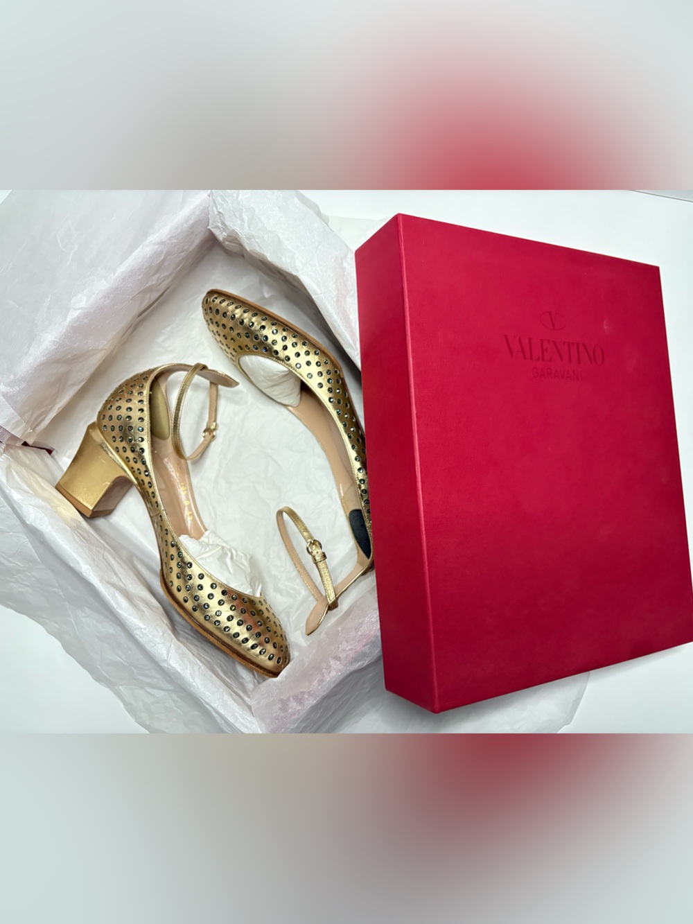 Valentino Garavani Metallic Gold Studded Block-Heel Ankle-Strap Pumps